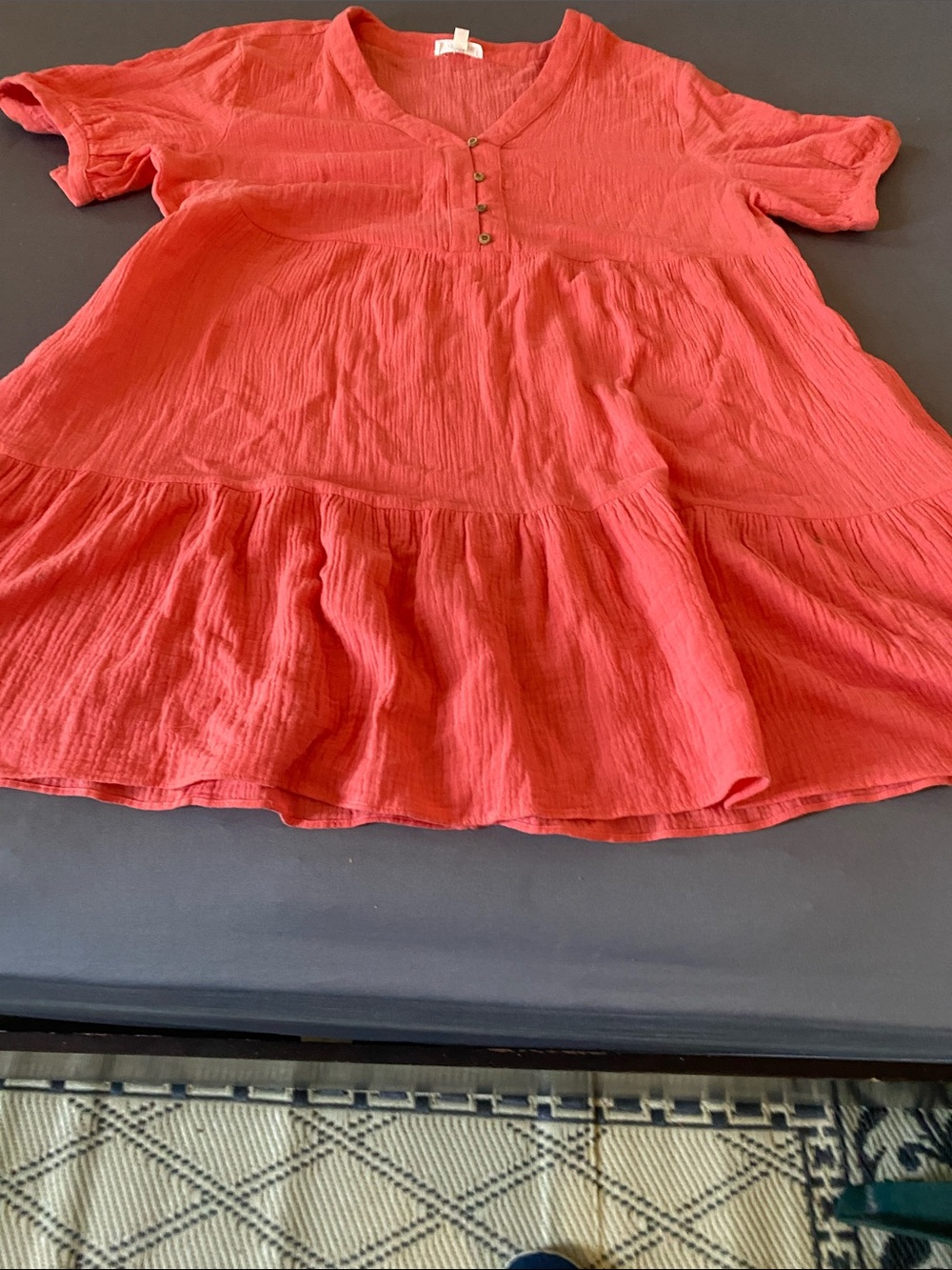 Woman Red Gauze Tiered Dress with Button Detail